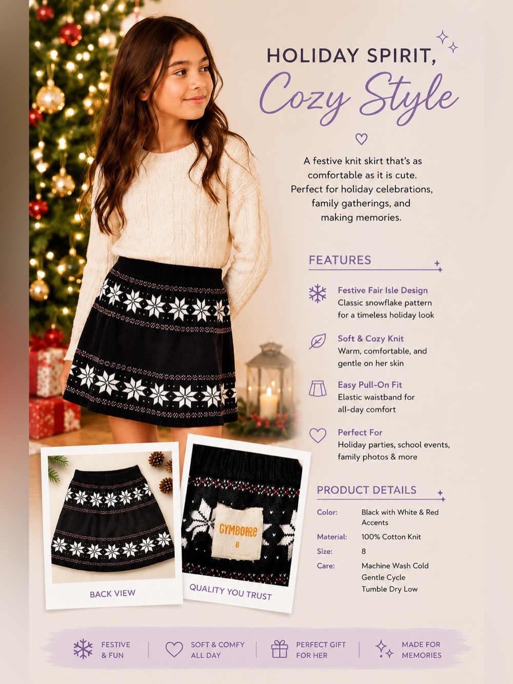 Gymboree Black Fair Isle Knit Skirt with White & Red Accents